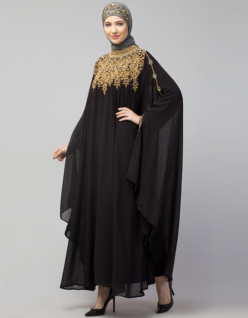 Trendy Double Layers Hand Copper Embroidered Kaftan In the Shade of  Black